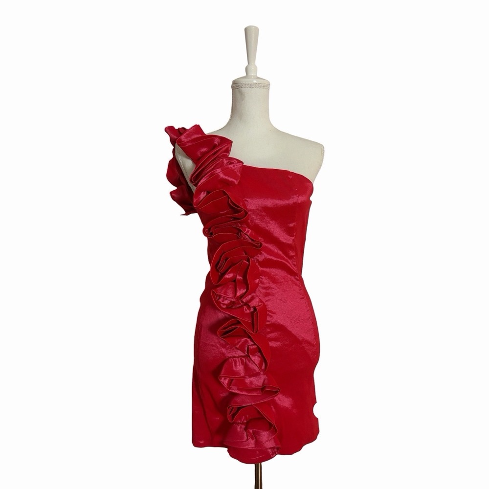 Arden B Dress One Shoulder Womens XS Extra Small Red Orange Rosette Stretch